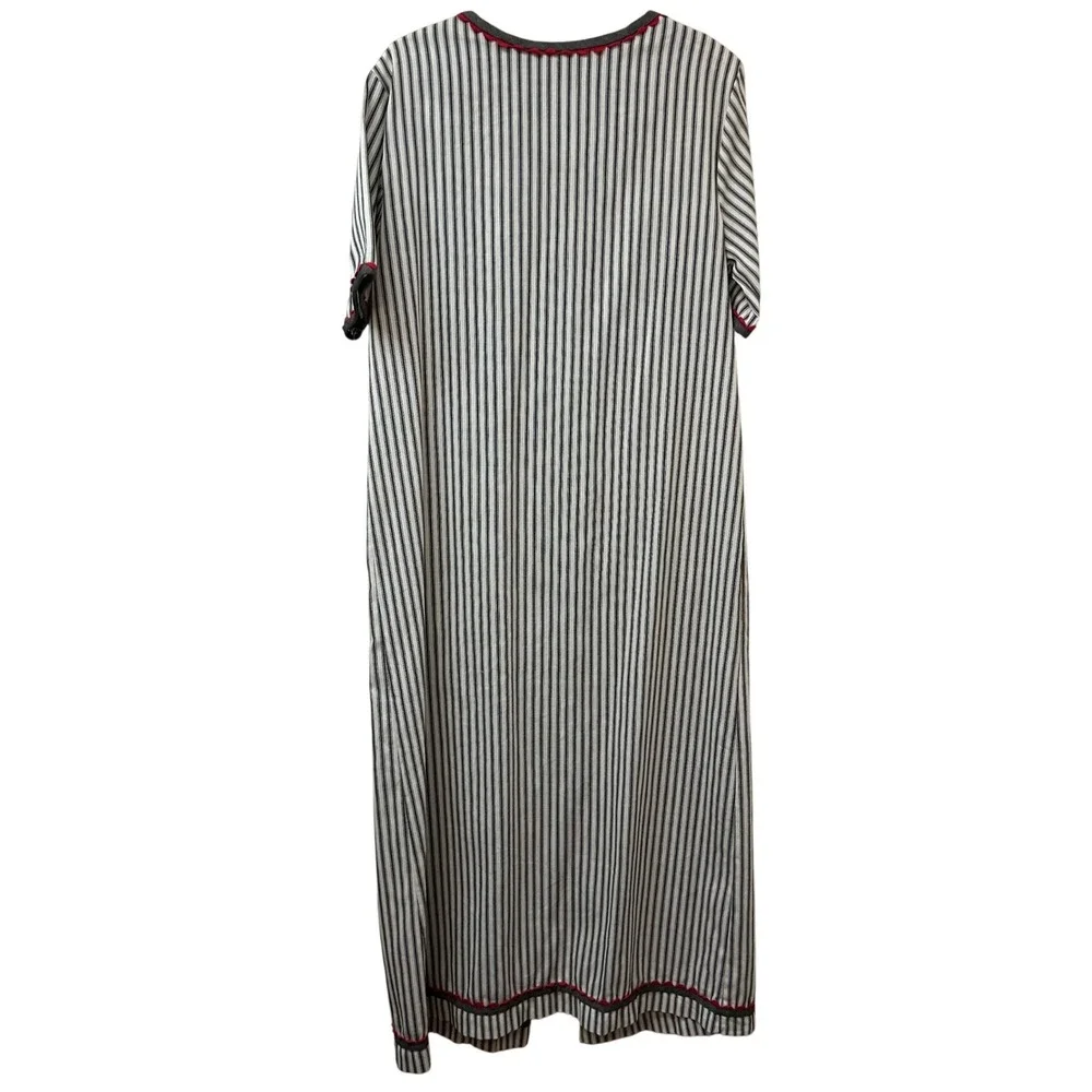 Vintage Gilead Striped Duster Robe Grey Red Ric Rac Floral Embroidery Large USA